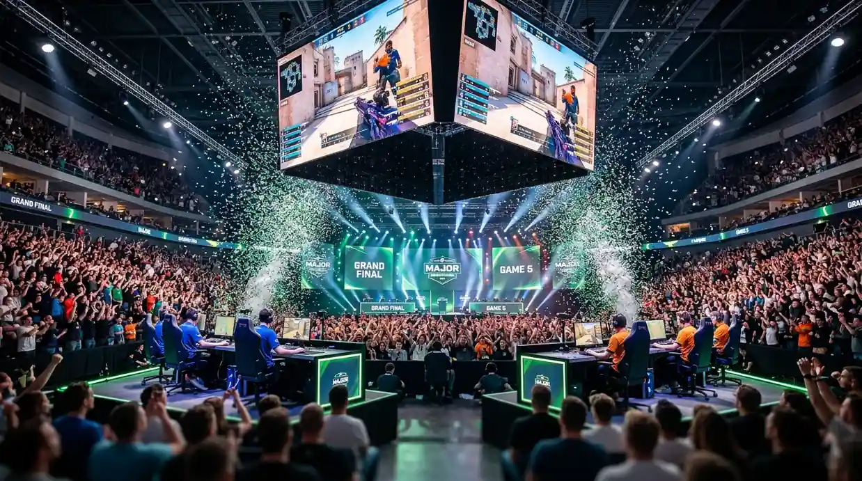 Full arena under en CS2 Major-turnering med publikhav och professionell scenproduktion